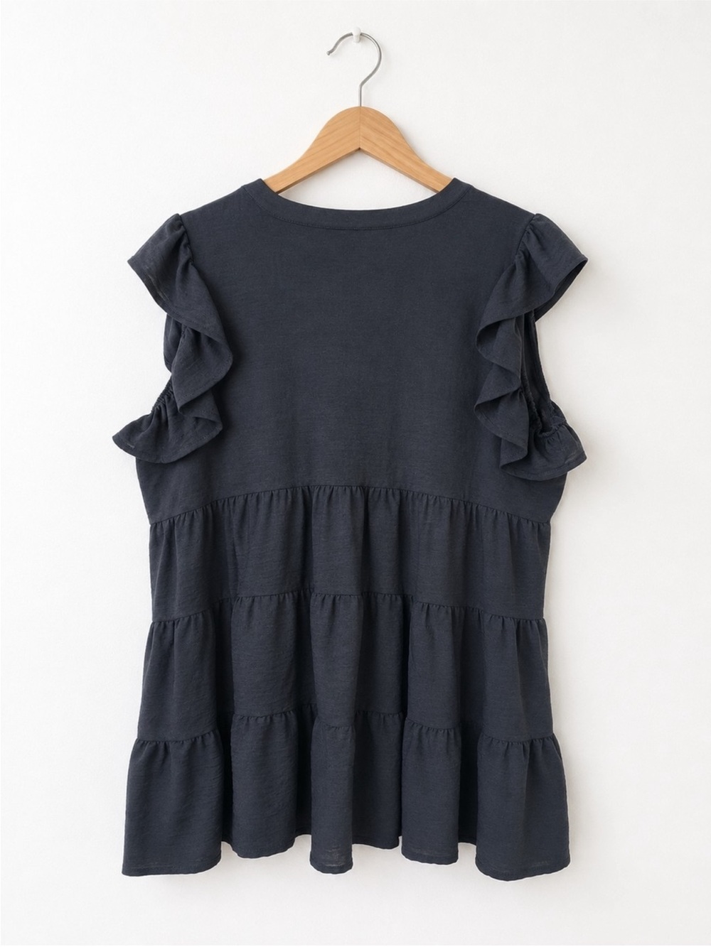Women's Black Tiered Babydoll Top | Flutter Sleeve V-Neck Blouse | Boho Boutique - Picture 2 of 4